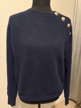 Bruno Magli Women’s Navy Cashmere Sweater with Gold Shoulder Buttons, Size L